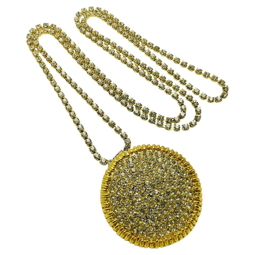 Vintage gold tone rhinestone designer necklace brooch